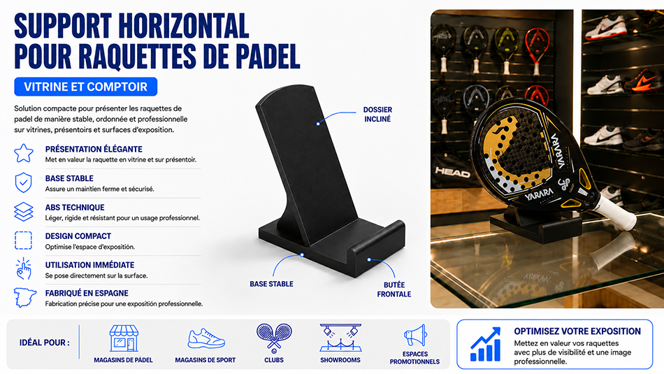 Suporte horizontal para raquetes de padel em ABS apresentado sobre balcão com raquete exposta em loja